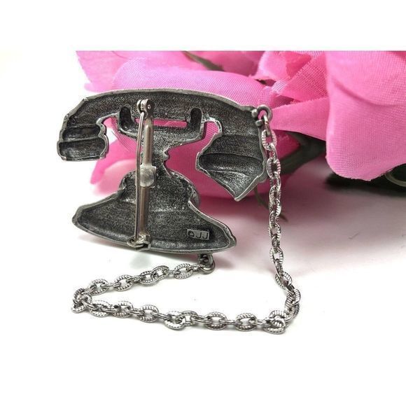 Vintage JJ Jonette Telephone Brooch Rotary Dial‎ Phone Pewter and Rhinestone Pin - Picture 6 of 10